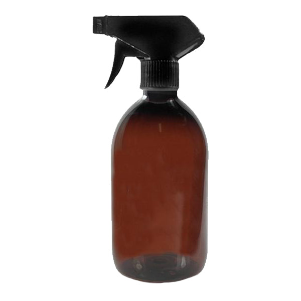 Reusable 500ml amber glass spray bottle with black lid. 