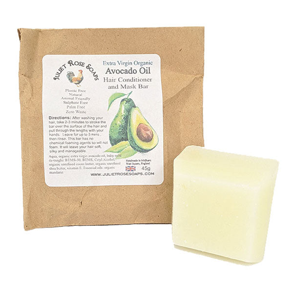 Juliet Rose Soaps extra virgin organic plastic free avocado oil hair conditioner and mask bar.