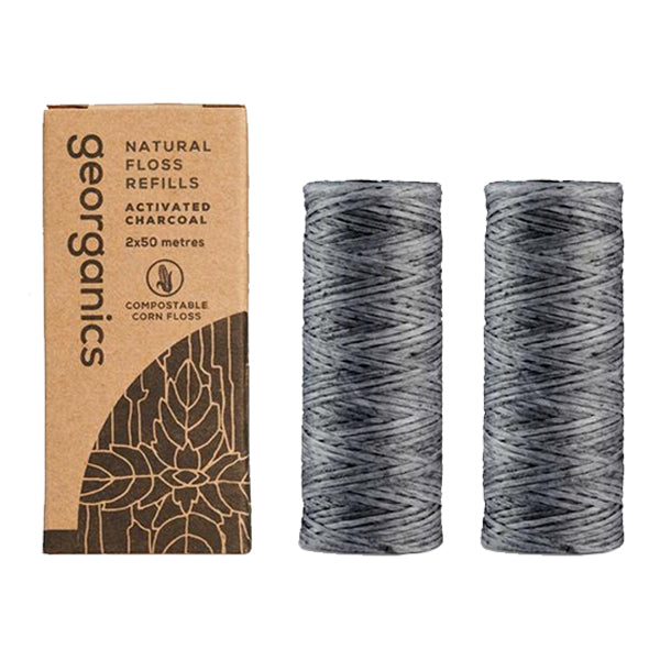 Georganics eco friendly compostable activated charcoal natural floss refills. 2x50 metres.