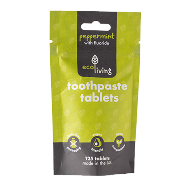 ecoliving plastic free ecofriendly peppermint toothpaste tablets with fluoride. 125 tablets.