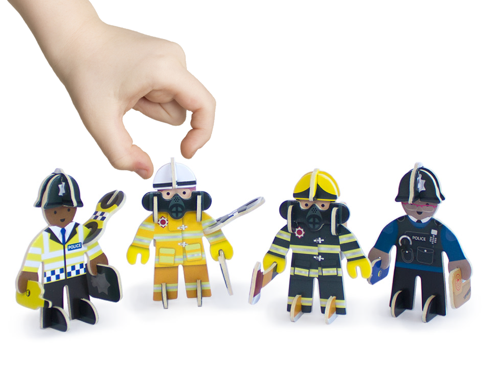 Play Press rescue team. Plastic free, sustainably sourced child friendly build and play set.